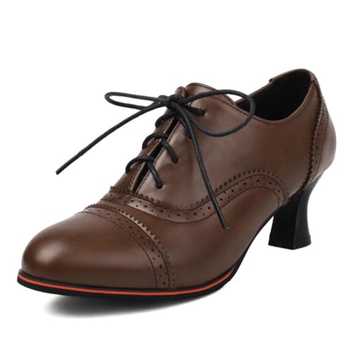 COOLCEPT Damen Vintage Wingtip Oxford Schuhe Perforated Schnüren Kitten Heel Schuhe mit Absatz Formal Business Low Top Stiefeletten Brown Große 38 von COOLCEPT