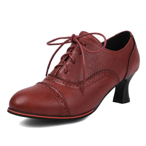 COOLCEPT Damen Vintage Wingtip Oxford Schuhe Perforated Schnüren Kitten Heel Schuhe mit Absatz Formal Business Low Top Stiefeletten Red Große 38 von COOLCEPT