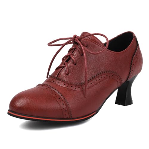 COOLCEPT Damen Vintage Wingtip Oxford Schuhe Perforated Schnüren Kitten Heel Schuhe mit Absatz Formal Business Low Top Stiefeletten Red Große 41 von COOLCEPT