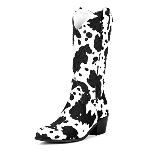 COOLCEPT Damen Western Cowboy Stiefel Cow Print Wadenhoch Stiefel Chunky Heel Cow Stiefel Pointed Toe Tall Western Stiefel Reißverschluss Black Große 41 von COOLCEPT