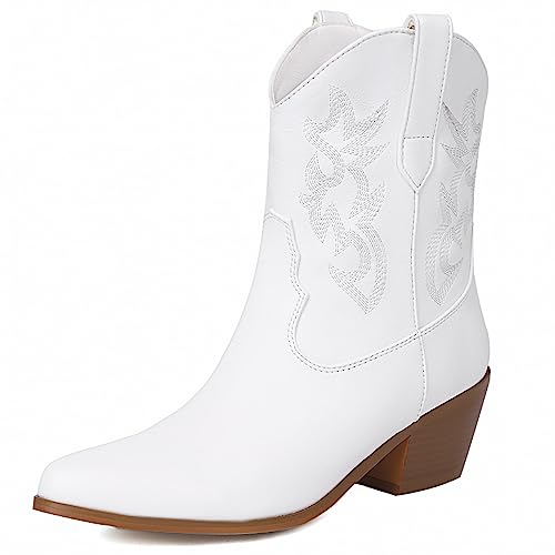 COOLCEPT Damen Western Cowboy Stiefel Embroidered Metallic Stiefel Chunky Heel Ankle Cowgirl Stiefel Pull on White Große 38 von COOLCEPT