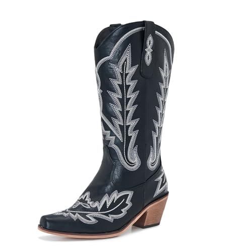 COOLCEPT Damen Western Cowboy Stiefel Embroidered Wadenhoch Cowgirl Stiefel Square Toe Chunky Heel Country Stiefel Schlupf Black Große 39 von COOLCEPT