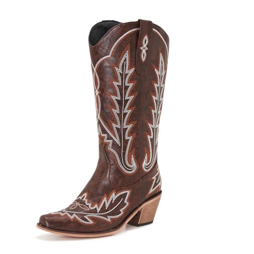 COOLCEPT Damen Western Cowboy Stiefel Embroidered Wadenhoch Cowgirl Stiefel Square Toe Chunky Heel Country Stiefel Schlupf Brown Große 40 von COOLCEPT