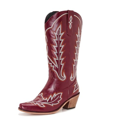 COOLCEPT Damen Western Cowboy Stiefel Embroidered Wadenhoch Cowgirl Stiefel Square Toe Chunky Heel Country Stiefel Schlupf Claret Große 43 von COOLCEPT