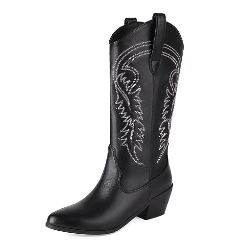 COOLCEPT Damen Wetsern Cowboy Stiefel Embroidered Halbschaft Stiefel Pull on Chunky Heel Cowgirl Stiefel Black Große 37 von COOLCEPT