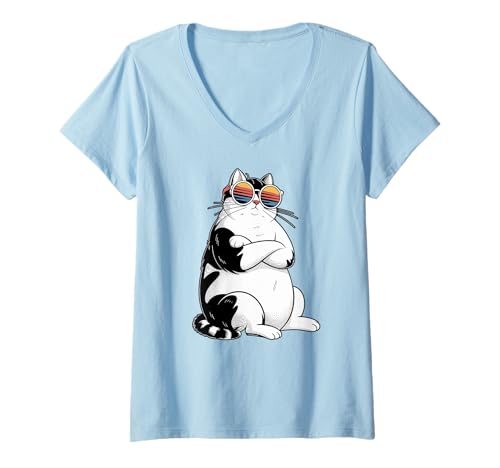 Damen Coole Katze MIT Sonnenbrille X Katzen Katzenliebhaber T-Shirt mit V-Ausschnitt Damen Coole Katze MIT Sonnenbrille X Katzen Katzenliebhaber T-Shirt mit V-Ausschnitt von COOLE KATZEN MIT SONNENBRILLE - Lustige Katze