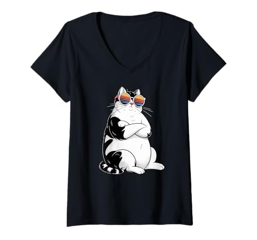 Damen Coole Katze MIT Sonnenbrille X Katzen Katzenliebhaber T-Shirt mit V-Ausschnitt Damen Coole Katze MIT Sonnenbrille X Katzen Katzenliebhaber T-Shirt mit V-Ausschnitt von COOLE KATZEN MIT SONNENBRILLE - Lustige Katze