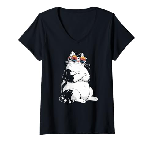 Damen Coole Katze MIT Sonnenbrille X Katzen Katzenliebhaber T-Shirt mit V-Ausschnitt Damen Coole Katze MIT Sonnenbrille X Katzen Katzenliebhaber T-Shirt mit V-Ausschnitt von COOLE KATZEN MIT SONNENBRILLE - Lustige Katze