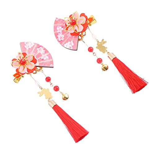 COOLHIYA 2 Stück Japanische Haarklammern Damen Fan Form Barrette mit Roten Quasten Langlebiger und Haarschmuck für Kimono und Besondere Anlässe Haar Accessoire von COOLHIYA