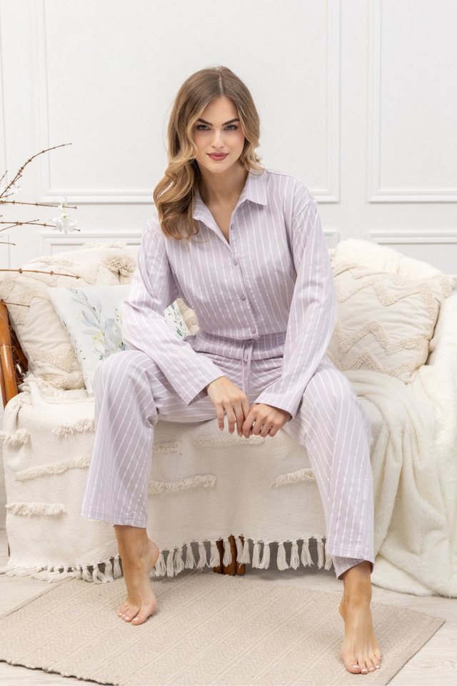 COOLISMO NIGHTWEAR Pyjama Schlafanzug langarm in zartem Lavendel-Ton mit Streifen (2 tlg) mit Knopfleiste und Taschen, reine Baumwolle von COOLISMO  NIGHTWEAR