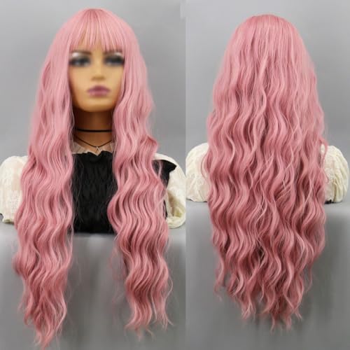 COOLKJDF Rosa Perücke mit Pony, lang, gewellt, lockig, Perücke für Damen, 81 cm, natürlich aussehend, modisch, synthetische hitzebeständige Faser-Perücken für den täglichen Gebrauch, Rosa, 81 cm COOLKJDF Rosa Perücke mit Pony, lang, gewellt, lockig, Perücke für Damen, 81 cm, natürlich aussehend, modisch, synthetische hitzebeständige Faser-Perücken für den täglichen Gebrauch, Rosa, 81 cm von COOLKJDF