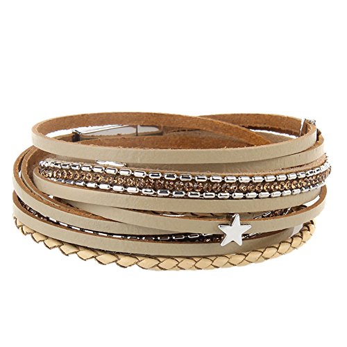 MULBA Frauen-echtes Leder-Armband-Verpackungs-Stern-Kristallarmband-Magnet-Wölbung (Beige) von COOLLA
