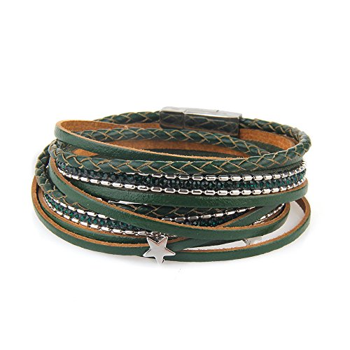 MULBA Frauen-echtes Leder-Armband-Verpackungs-Stern-Kristallarmband-Magnet-Wölbung (Green) von COOLLA