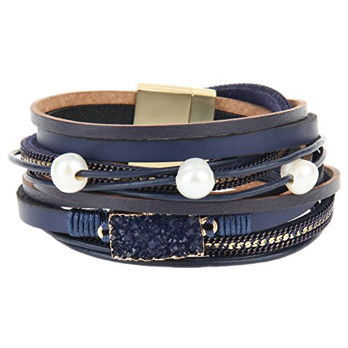 MULBA Frauen-echtes Leder-Weinlese-vulkanischer Stein-Verpackungs-Armband-Perlen-Anhänger (Blue) von COOLLA