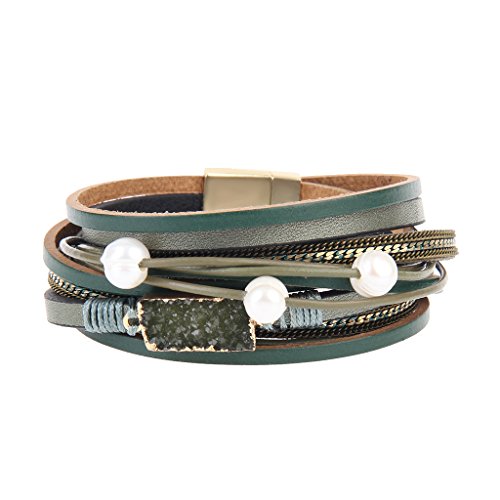 MULBA Frauen-echtes Leder-Weinlese-vulkanischer Stein-Verpackungs-Armband-Perlen-Anhänger (Green) von COOLLA