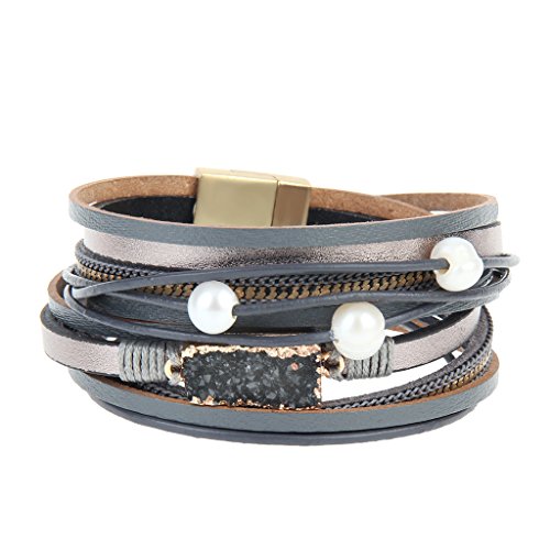 MULBA Frauen-echtes Leder-Weinlese-vulkanischer Stein-Verpackungs-Armband-Perlen-Anhänger (Grey) von COOLLA