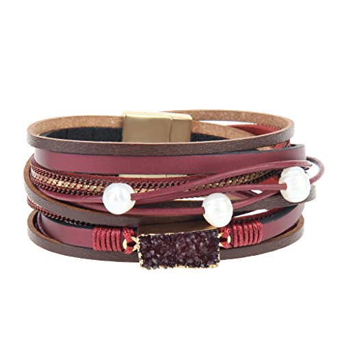 MULBA Frauen-echtes Leder-Weinlese-vulkanischer Stein-Verpackungs-Armband-Perlen-Anhänger (Red) von COOLLA