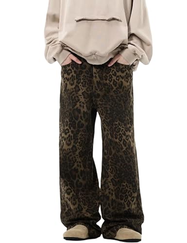 COOLMONAR Damen Y2K Leopard Print Jeans Chic Street Style Wide Leg Denim Pants Retro Hip Hop Lose Hose, Leopard Jean-1, XL von COOLMONAR