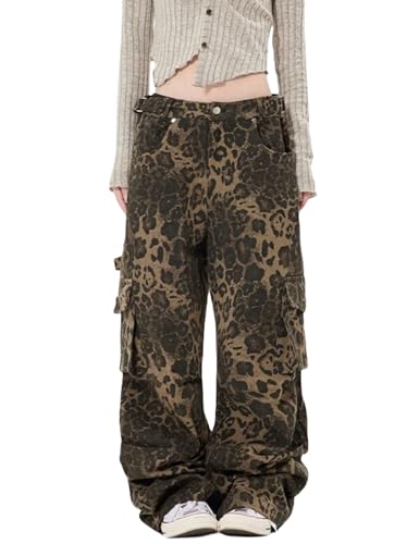 COOLMONAR Damen Y2K Leopard Print Jeans Chic Street Style Wide Leg Denim Pants Retro Hip Hop Lose Hose, Leopard Jean-3, S von COOLMONAR