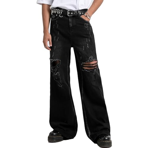 COOLMONAR Herren Baggy Jeans Zerrissene Jeans Schwarz Jeans Weites Bein Distressed Destroyed Jeans Denim Pants, Schwarz, M von COOLMONAR