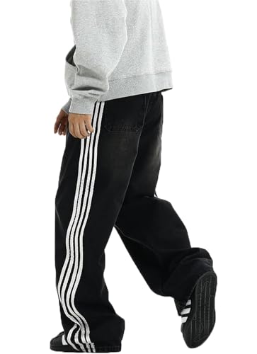 Herren Baggy Vintage Jeans Loose Fit Denim Hose mit Streifen an der Seite Relaxed Skateboard Denim, Schwarz, Klein von COOLMONAR