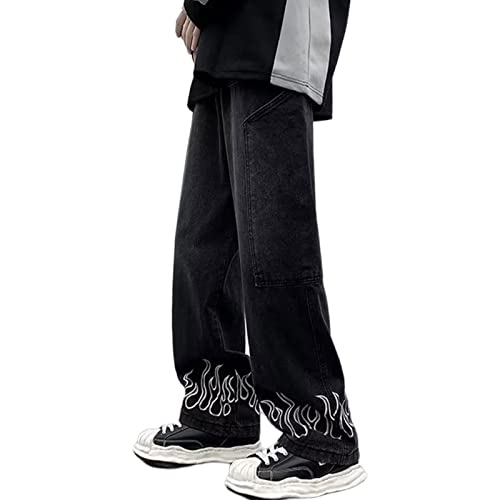 Herren Y2K Jeans Vintage Hip Hop Style Baggy Denim Flames Pants Loose Fit Straight Hose, 3003 Schwarz, Groß von COOLMONAR