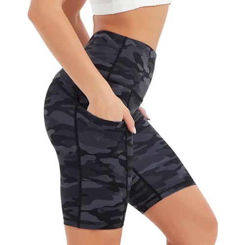 COOLOMG Damen Kurze Laufhose Yoga Shorts mit Taschen Radlerhose Sporthose Gym Fitness Workout Camo_schwarz L von COOLOMG