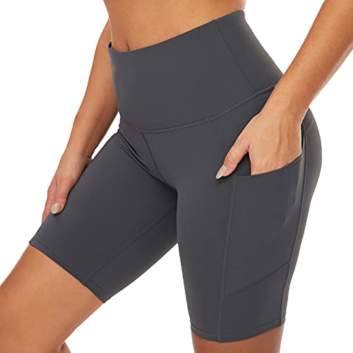 COOLOMG Damen Kurze Laufhose Yoga Shorts mit Taschen Radlerhose Sporthose Gym Fitness Workout Grau L von COOLOMG