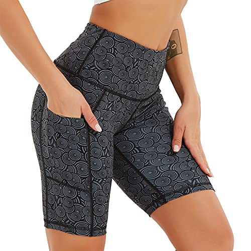 COOLOMG Damen Kurze Laufhose Yoga Shorts mit Taschen Radlerhose Sporthose Gym Fitness Workout Kreis_schwarz L von COOLOMG