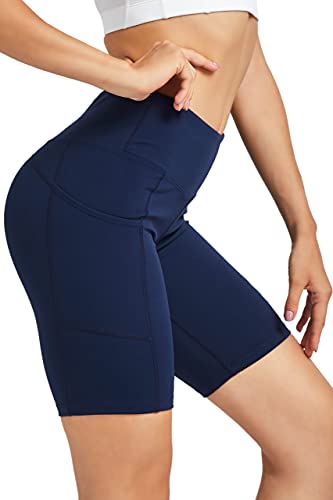 COOLOMG Damen Kurze Laufhose Yoga Shorts mit Taschen Radlerhose Sporthose Gym Fitness Workout Marineblau L von COOLOMG