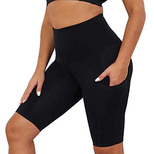 COOLOMG Damen Kurze Laufhose Yoga Shorts mit Taschen Radlerhose Sporthose Gym Fitness Workout Schwarz L von COOLOMG