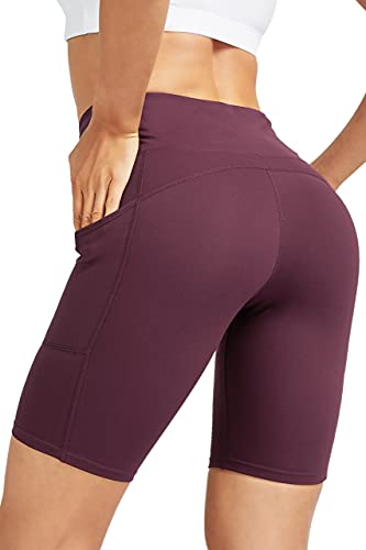 COOLOMG Damen Kurze Laufhose Yoga Shorts mit Taschen Radlerhose Sporthose Gym Fitness Workout Weinrot L von COOLOMG