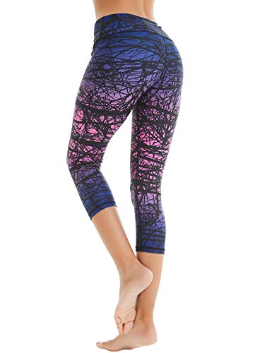 COOLOMG Damen Sport Leggings Laufhose 3/4 lang mit Taschen Yogahose Kompressionshose Zweig_lila XL von COOLOMG