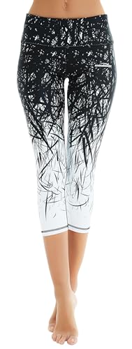 COOLOMG Damen Sport Leggings Yoga Hosen-Fitnesshose, B-schwarz- weiß (Capri), Gr.-L von COOLOMG