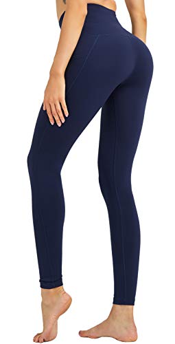COOLOMG Damen Leggings Yoga Hose Hohe Taille Sporthose Laufhose Training&Fitness mit Taschen Marineblau XL von COOLOMG