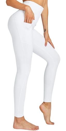 COOLOMG Damen Leggings Yoga Hose Hohe Taille Sporthose Laufhose Training&Fitness mit Taschen Weiß M von COOLOMG