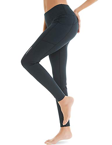 COOLOMG Damen Sport Leggings mit Taschen Blickdicht Sporthose Yogahose Laufhose lang Schwarz L von COOLOMG