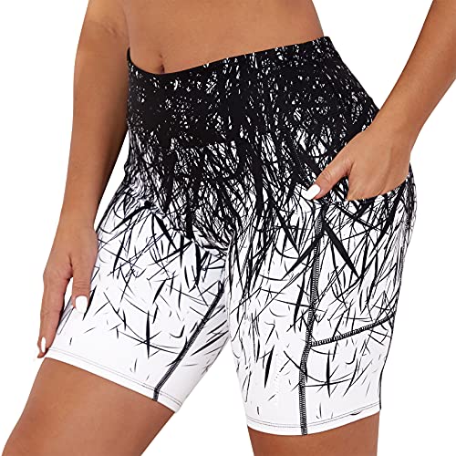 COOLOMG Damen Shorts Yoga Leggings Sporthose kurz Training Fitness Tights mit Taschen Schwarz-weiß L von COOLOMG