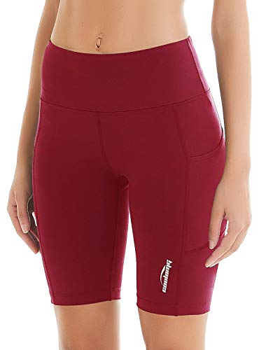 COOLOMG Damen Shorts Yoga Leggings Sporthose kurz Training Fitness mit Taschen Weinrot L von COOLOMG