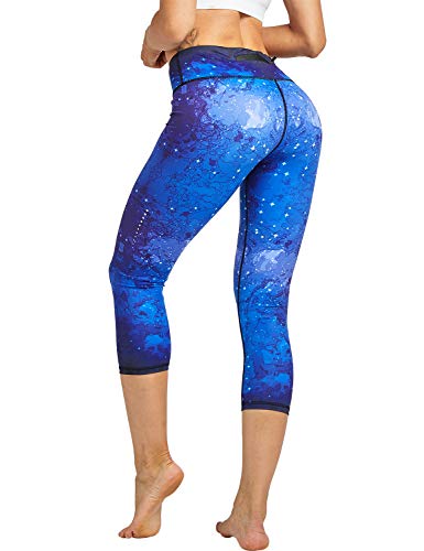 COOLOMG Damen Sport Leggings Laufhose 3/4 lang mit Taschen Yogahose Kompressionshose Nachthimmel L von COOLOMG