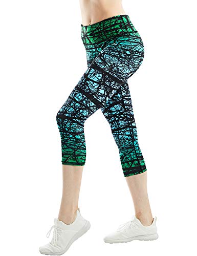 COOLOMG Damen Sport Leggings Laufhose 3/4 lang mit Taschen Yogahose Kompressionshose Zweig_grün S von COOLOMG