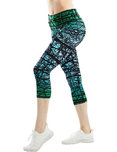 COOLOMG Damen Sport Leggings Laufhose 3/4 lang mit Taschen Yogahose Kompressionshose Zweig_grün L von COOLOMG