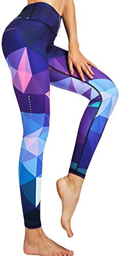 COOLOMG Damen Sport Leggings Laufhose 3/4 mit Taschen Yogahose Kompressionshose Geometrie_lila XL von COOLOMG