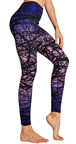 COOLOMG Damen Sport Leggings Laufhose 3/4 mit Taschen Yogahose Kompressionshose Zweig_lila XL von COOLOMG