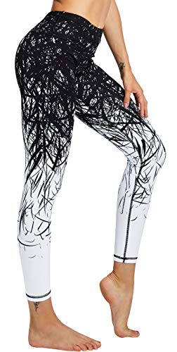 COOLOMG Damen Sport Leggings Laufhose lang mit Taschen Yogahose Kompressionshose Schwarz_weiß S von COOLOMG