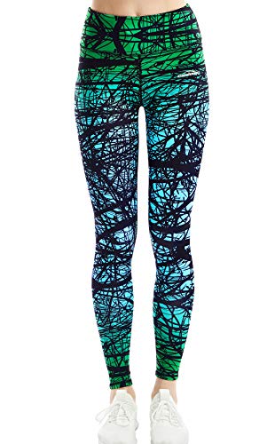 COOLOMG Damen Sport Leggings Laufhose 3/4 mit Taschen Yogahose Kompressionshose Zweig_grün XL von COOLOMG