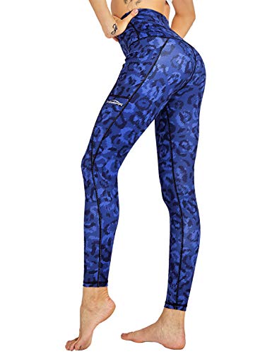 COOLOMG Damen Yoga Leggings Hohe Taille Fitnesshose Laufhose Leggins mit Taschen Leopard_blau L von COOLOMG