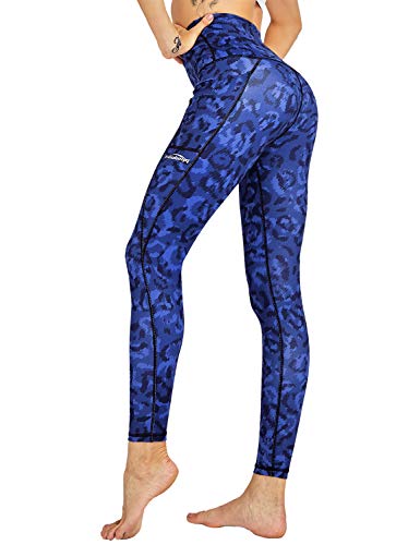 COOLOMG Damen Yoga Leggings Hohe Taille Fitnesshose Laufhose Leggins mit Taschen Leopard_blau M von COOLOMG