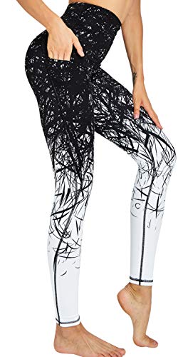 COOLOMG Damen Yoga Leggings Hohe Taille Fitnesshose Laufhose Leggins mit Taschen Zweig_Schwarz L von COOLOMG