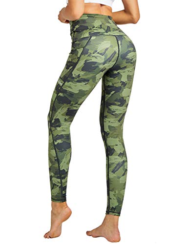 COOLOMG Damen Yoga Leggings Sporthose Laufhose Fitnesshose Gemustert Blickdicht mit Taschen Camo-armeegrün S von COOLOMG